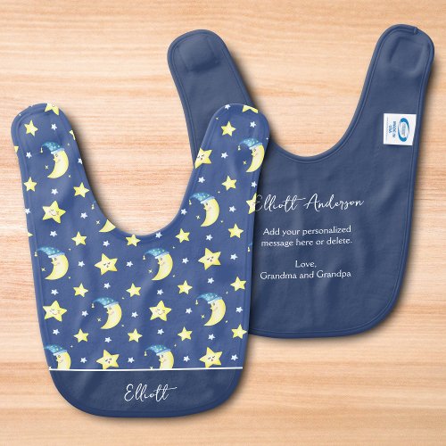 Moon and Stars Pattern with Personalized Message Baby Bib