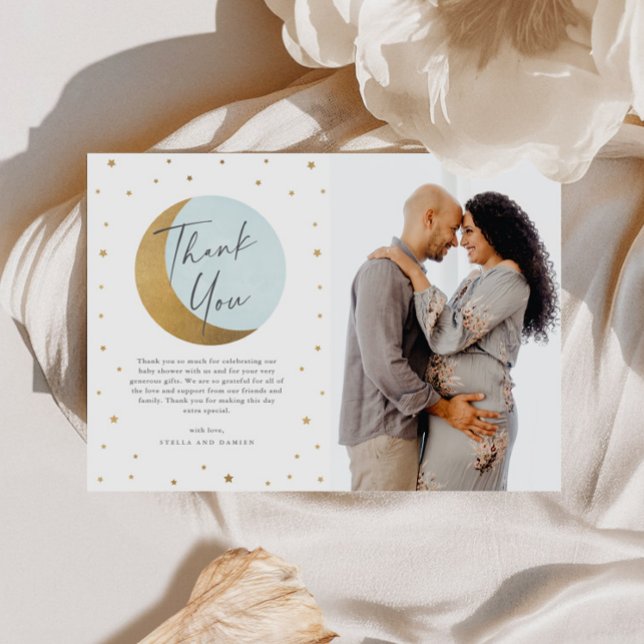Moon and stars photo baby shower thank you card (Gold Moon and Stars Blue Boys Baby Shower Photo Thank You Card.)