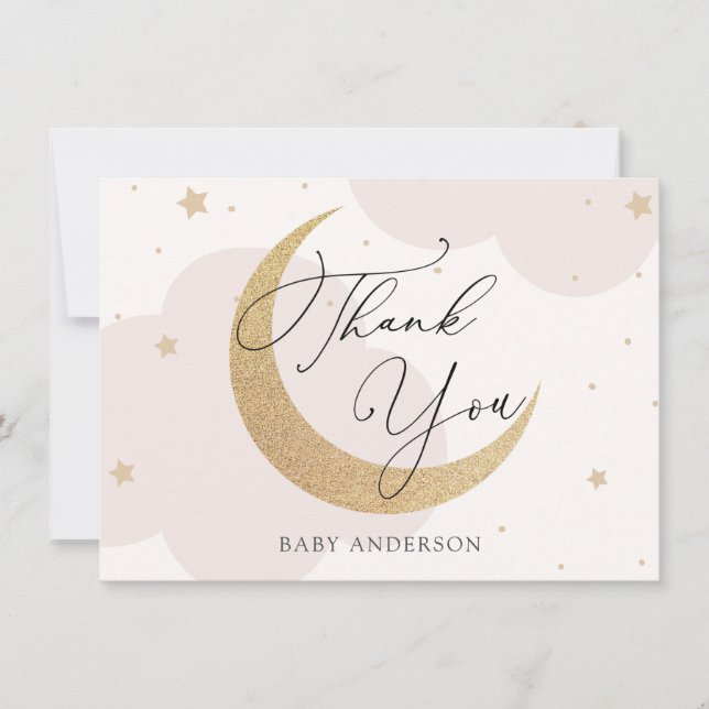 Moon and Stars Pink and Gold Baby Shower Thank You (Front)