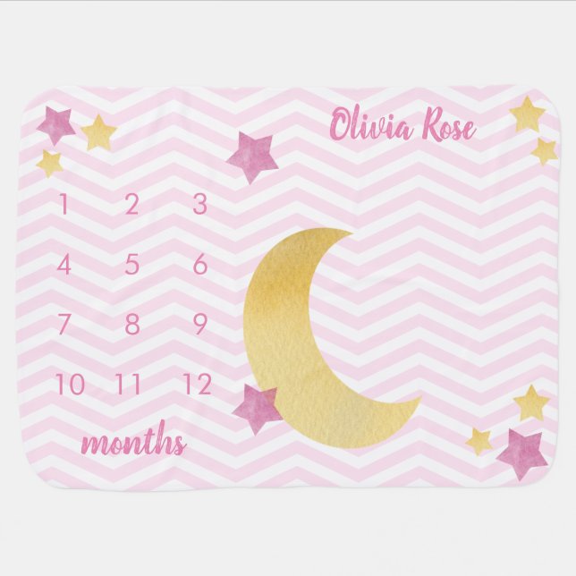 Moon and Stars, Pink Baby Milestone Blanket (Horizontal)