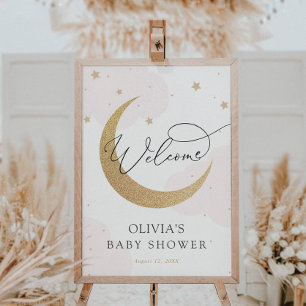 Moon and Stars Pink Baby Shower Welcome Sign