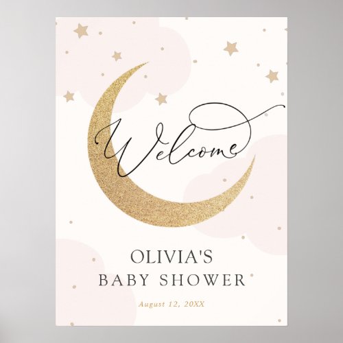 Moon and Stars Pink Baby Shower Welcome Sign