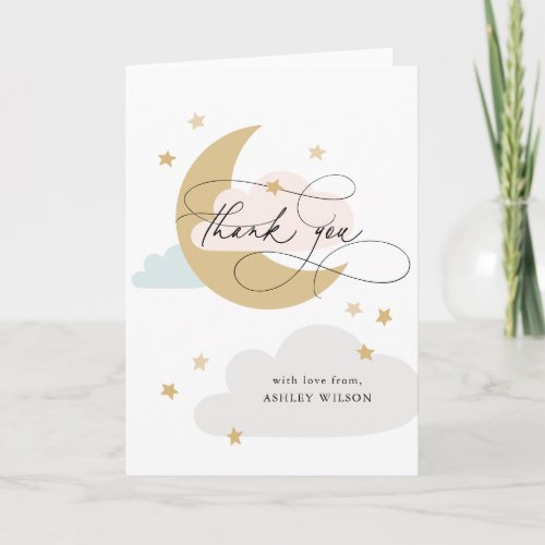 Moon and Stars Pink Blue Script Baby Shower Thank  Thank You Card