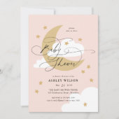 Moon and Stars Pink Elegant Script Baby Shower Invitation (Front)