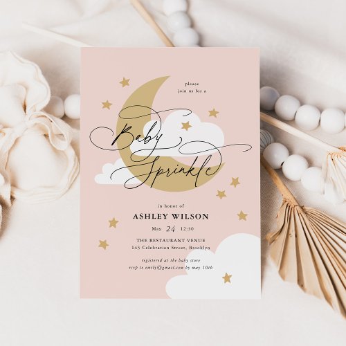 Moon and Stars Pink Elegant Script Baby Sprinkle Invitation