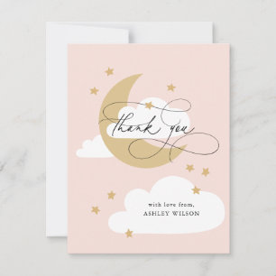 Moon and Stars Pink Gold Script Baby Shower Thank You Card