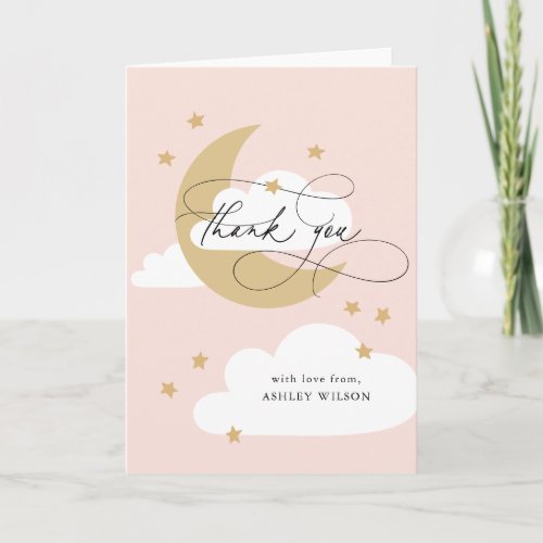 Moon and Stars Pink Gold Script Baby Shower Thank You Card