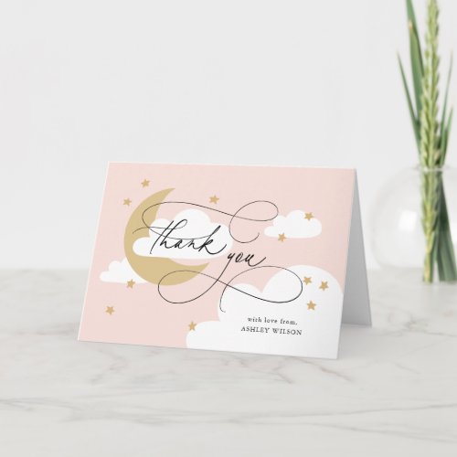 Moon and Stars Pink Gold Script Baby Shower Thank You Card