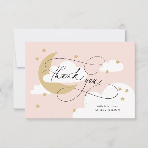 Moon and Stars Pink Gold Script Baby Shower Thank You Card