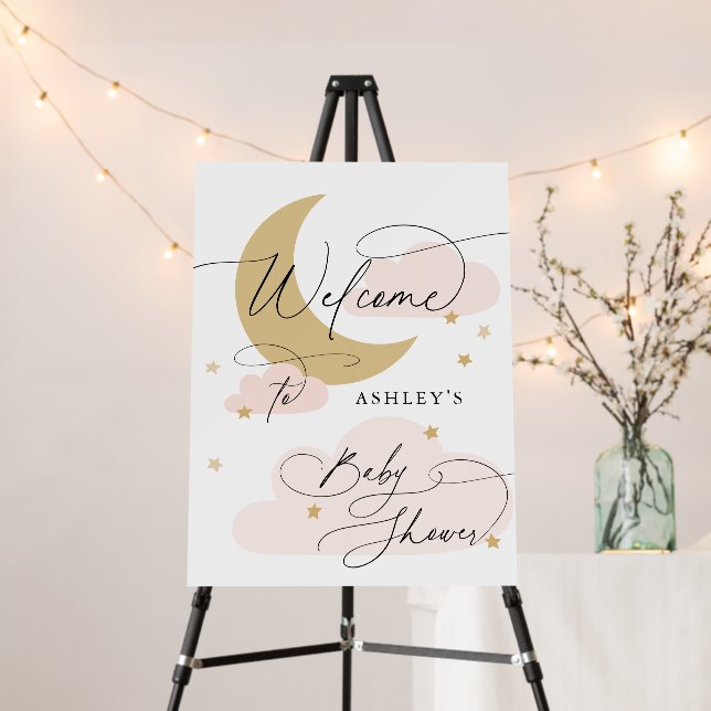 Moon and Stars Pink Gold Welcome Baby Shower Foam Board (In Situ (Stand))