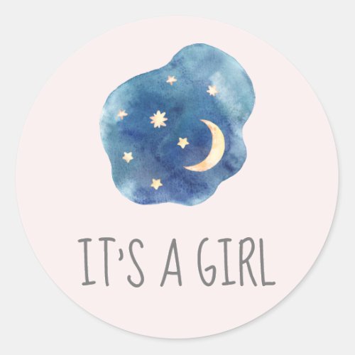 Moon and Stars Pink Its A Girl Baby Shower Classic Round Sticker