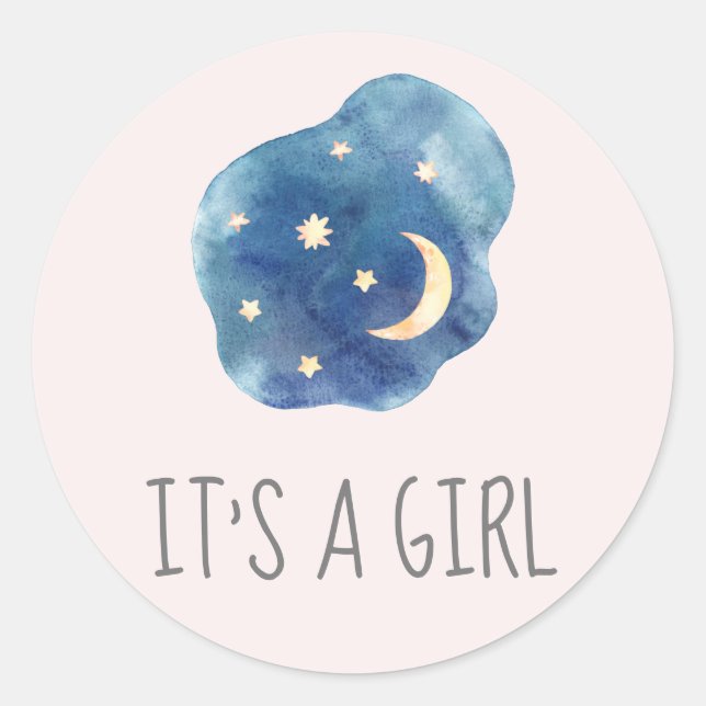 Moon and Stars Pink It's A Girl Baby Shower Classic Round Sticker (Front)