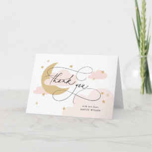 Moon and Stars Pink Script Baby Shower Letterpress Thank You Card
