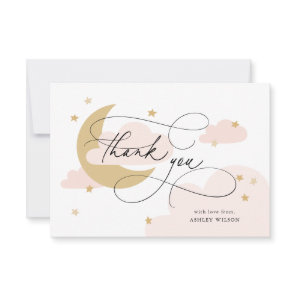 Moon and Stars Pink Script Baby Shower Thank You Card
