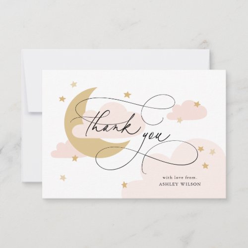 Moon and Stars Pink Script Baby Shower Thank You Card