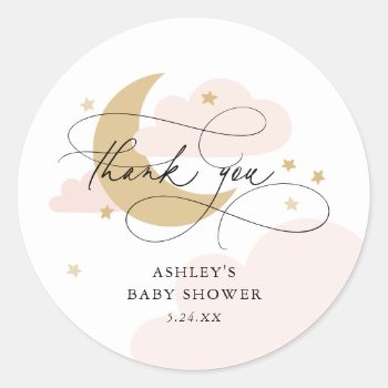 Moon And Stars Pink Script Baby Shower Thank You Classic Round Sticker by NBpaperco at Zazzle