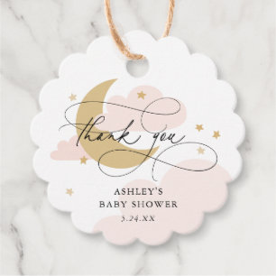 Moon and Stars Pink Script Baby Shower Thank You Favor Tags