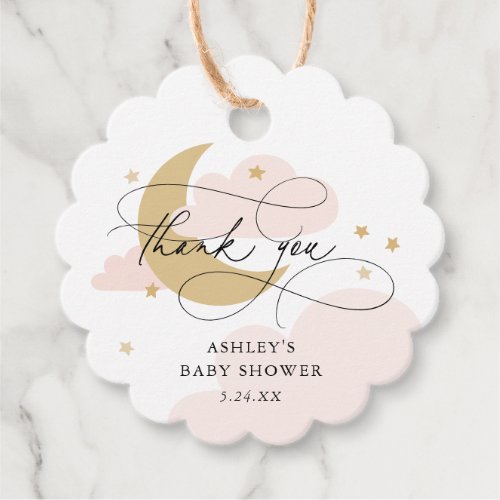 Moon and Stars Pink Script Baby Shower Thank You Favor Tags
