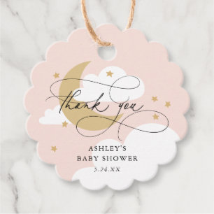 Moon and Stars Pink Script Baby Shower Thank You Favor Tags