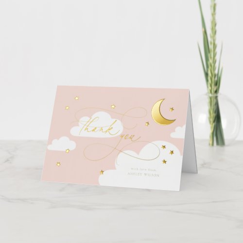 Moon and Stars Pink Script Baby Thank You Foil Greeting Card