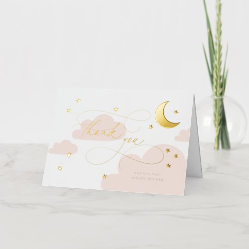 Moon and Stars Pink Script Baby Thank You Foil Greeting Card