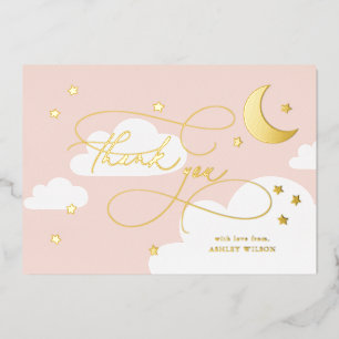 Moon and Stars Pink Script Baby Thank You Foil Invitation