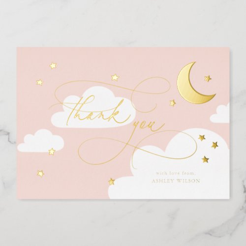 Moon and Stars Pink Script Baby Thank You Foil Invitation
