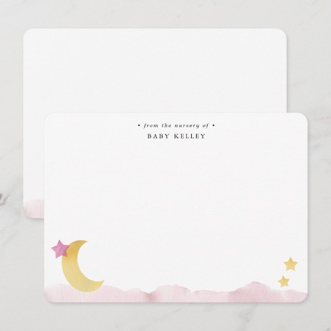 Moon and Stars, Pink Watercolor Personalized Flat Note Card (Front/Back)