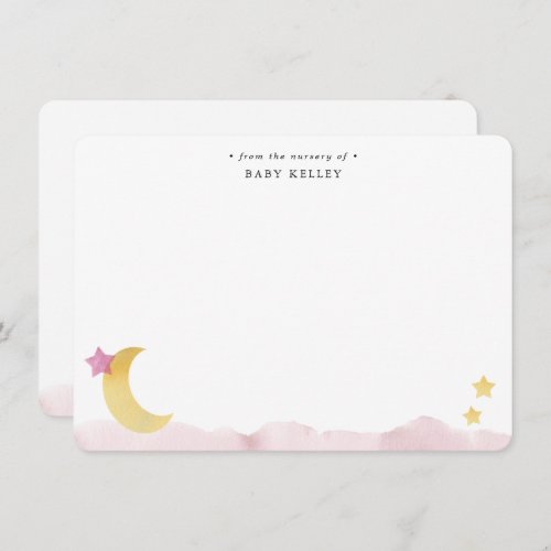 Moon and Stars Pink Watercolor Personalized Flat Note Card