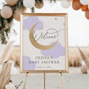 Moon and Stars Purple Baby Shower Welcome Sign