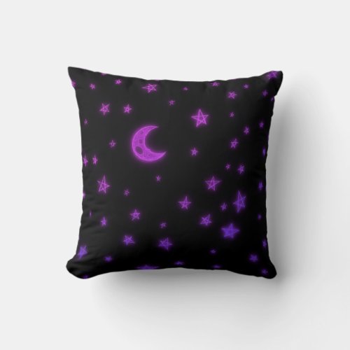 Moon and Stars Purple Faux Glowing Throw Pillow