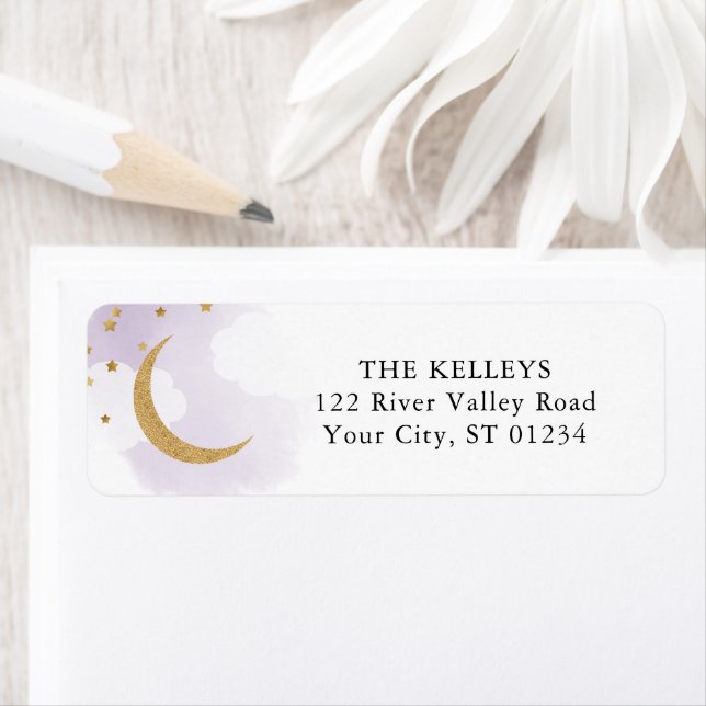 Moon and Stars, Purple Gold Glitter Return Label (Insitu)