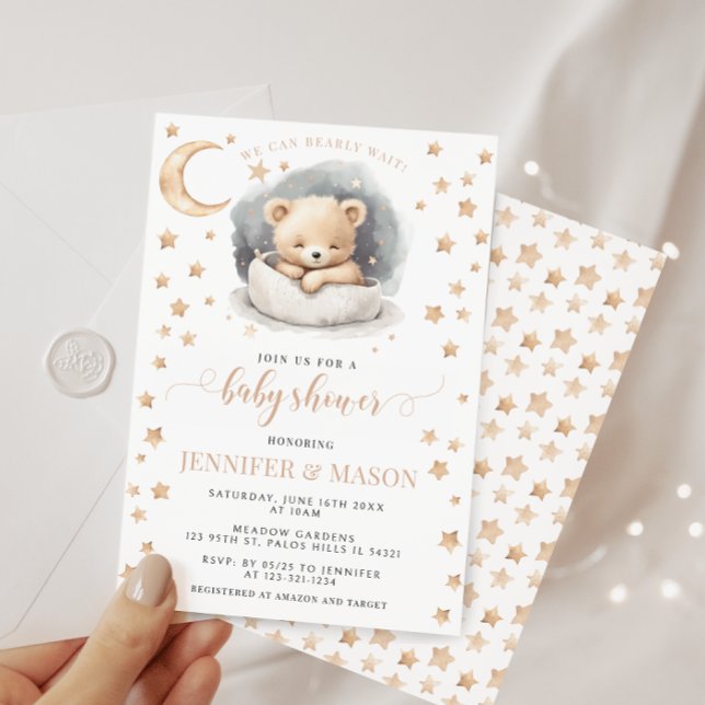 Moon and stars sleeping teddy bear baby shower invitation (Creator Uploaded)