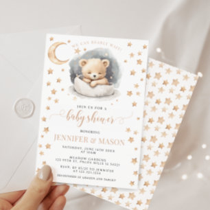 Moon and stars sleeping teddy bear baby shower invitation