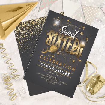 Moon And Stars Sweet 16 Gold/blk Id788 Invitation by arrayforcards at Zazzle