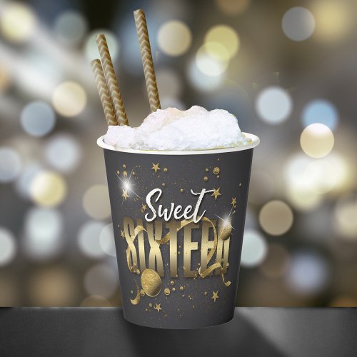 Moon and Stars Sweet 16 GoldBlk ID788 Paper Cups