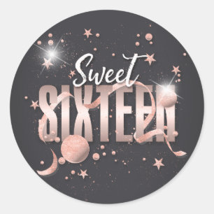 Moon and Stars Sweet 16 Rose Gold/Blk ID788 Classic Round Sticker