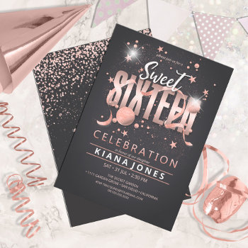 Moon And Stars Sweet 16 Rose Gold/blk Id788 Invitation by arrayforcards at Zazzle