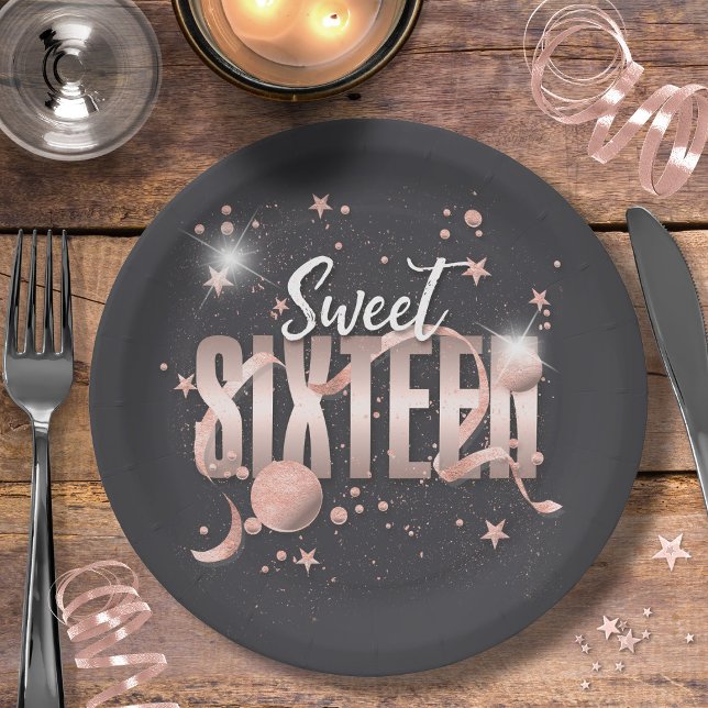 Moon and Stars Sweet 16  Rose Gold/Blk ID788 Paper Plates (Creator Uploaded)
