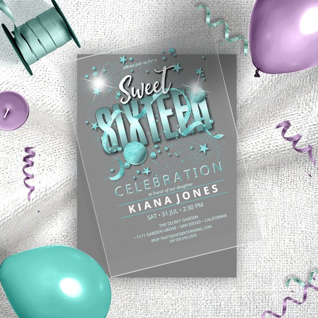 Moon and Stars Sweet 16 Teal/Blk ID788 Acrylic Invitations (Creator Uploaded)