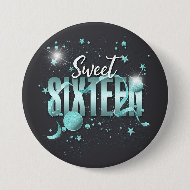Moon and Stars Sweet 16 Teal/Blk ID788 Button (Front)