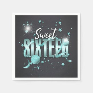 Moon and Stars Sweet 16 Teal/Blk ID788 Napkins