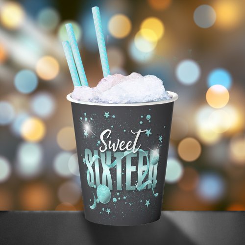 Moon and Stars Sweet 16 TealBlk ID788 Paper Cups