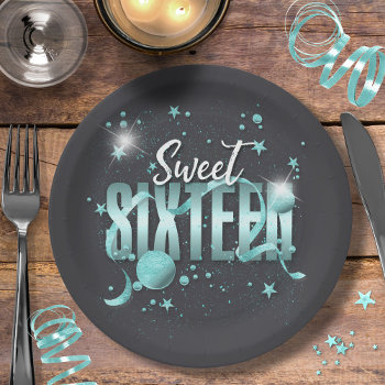 Moon And Stars Sweet 16 Teal/blk Id788 Paper Plates by arrayforhome at Zazzle