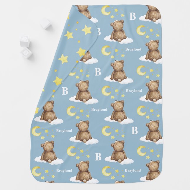 Moon and Stars Teddy Bear Blue Baby Blanket (In Situ)