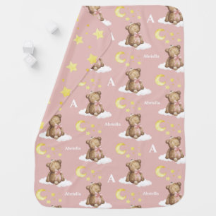 Moon and Stars Teddy Bear Blush Baby Blanket