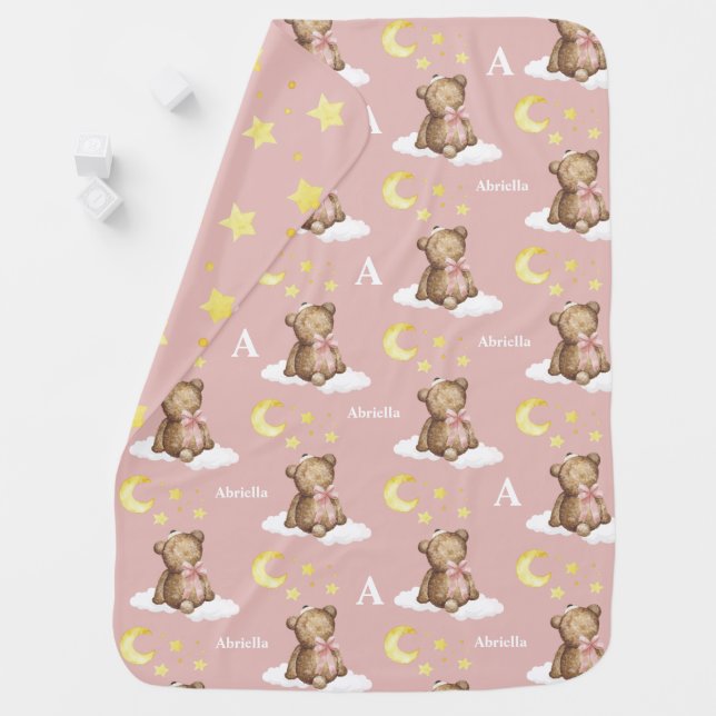 Moon and Stars Teddy Bear Blush Baby Blanket (In Situ)
