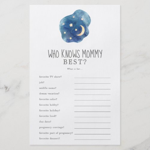 Moon and Stars Who Knows Mommy Best Trivia Game Flyer