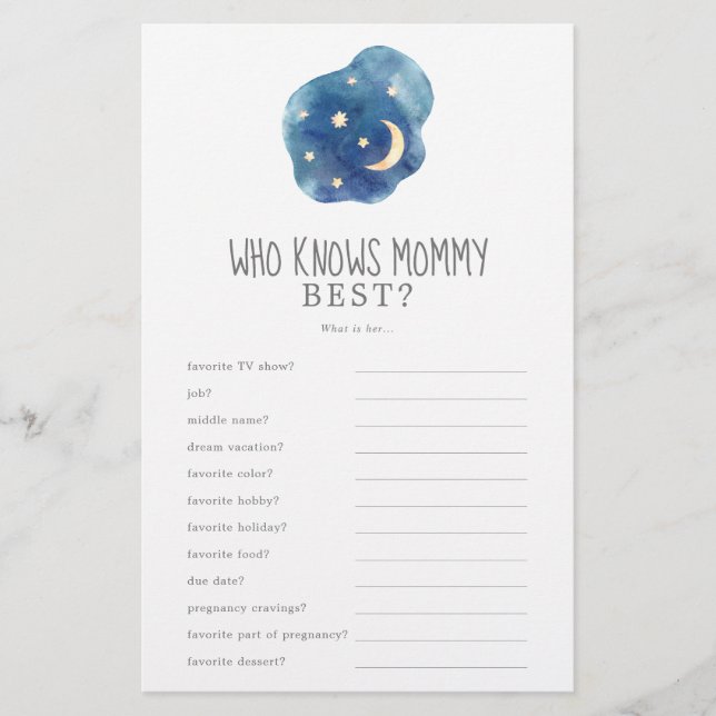 Moon and Stars Who Knows Mommy Best Trivia Game Flyer (Front)