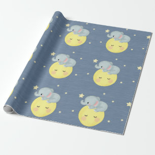 Moon and Stars With Cute Elephant Baby Boy Shower Wrapping Paper